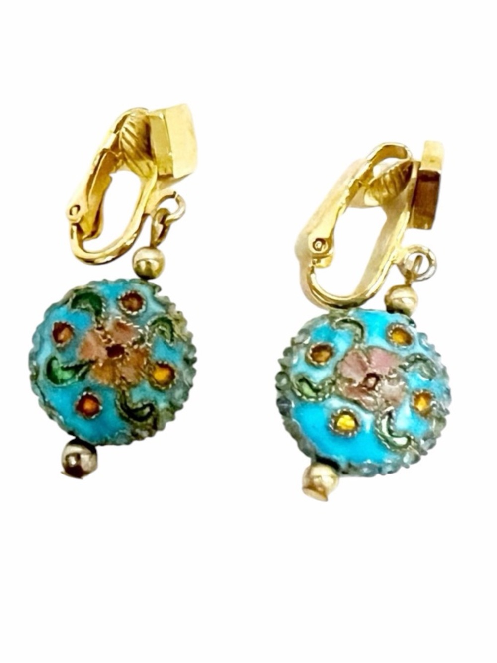 Vintage Turquoise Enamel Cloisonné Gold plated Dangle Earring